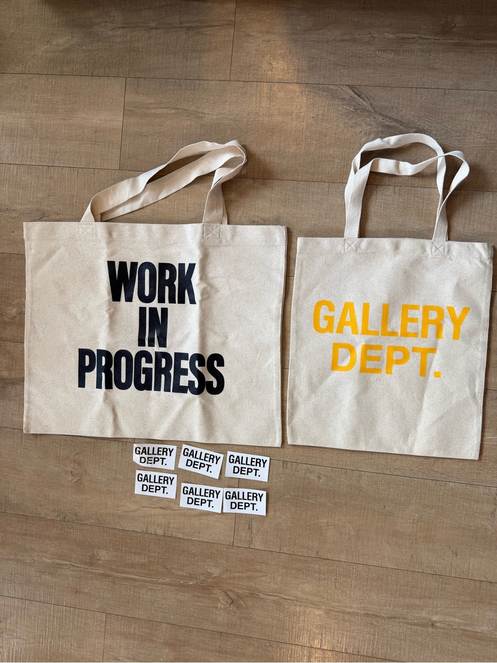 Set: 2 Gallery Dept. Natural Canvas Totes EUC and 6 stickers work in progress